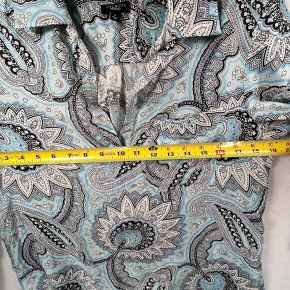 Talbots Paisley Silk Blouse Sz 8 Long Sleeve Turquoise Blue Retro V-Neck Collar - Picture 10 of 11